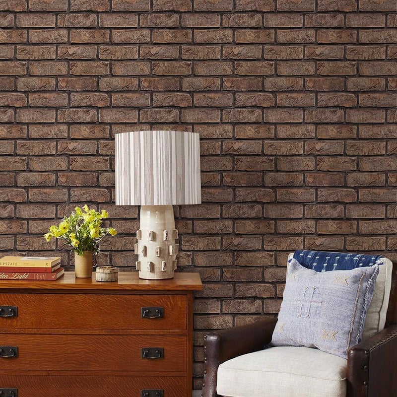 Commomy 3D Faux Brick Wall Panels - 10 pcs 11.8”x 11.8”Small Size PVC Printable Peel and Stick Brick Backsplash Brown Brick Wallpaper Wall Tile for Kitchen,Bedroom,Bathroom,Living Room,Fireplace,RV - Image 2